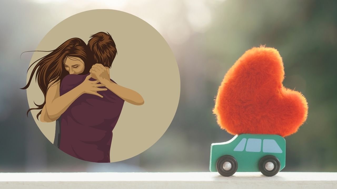 Illustration of a girl hugging a guy.
